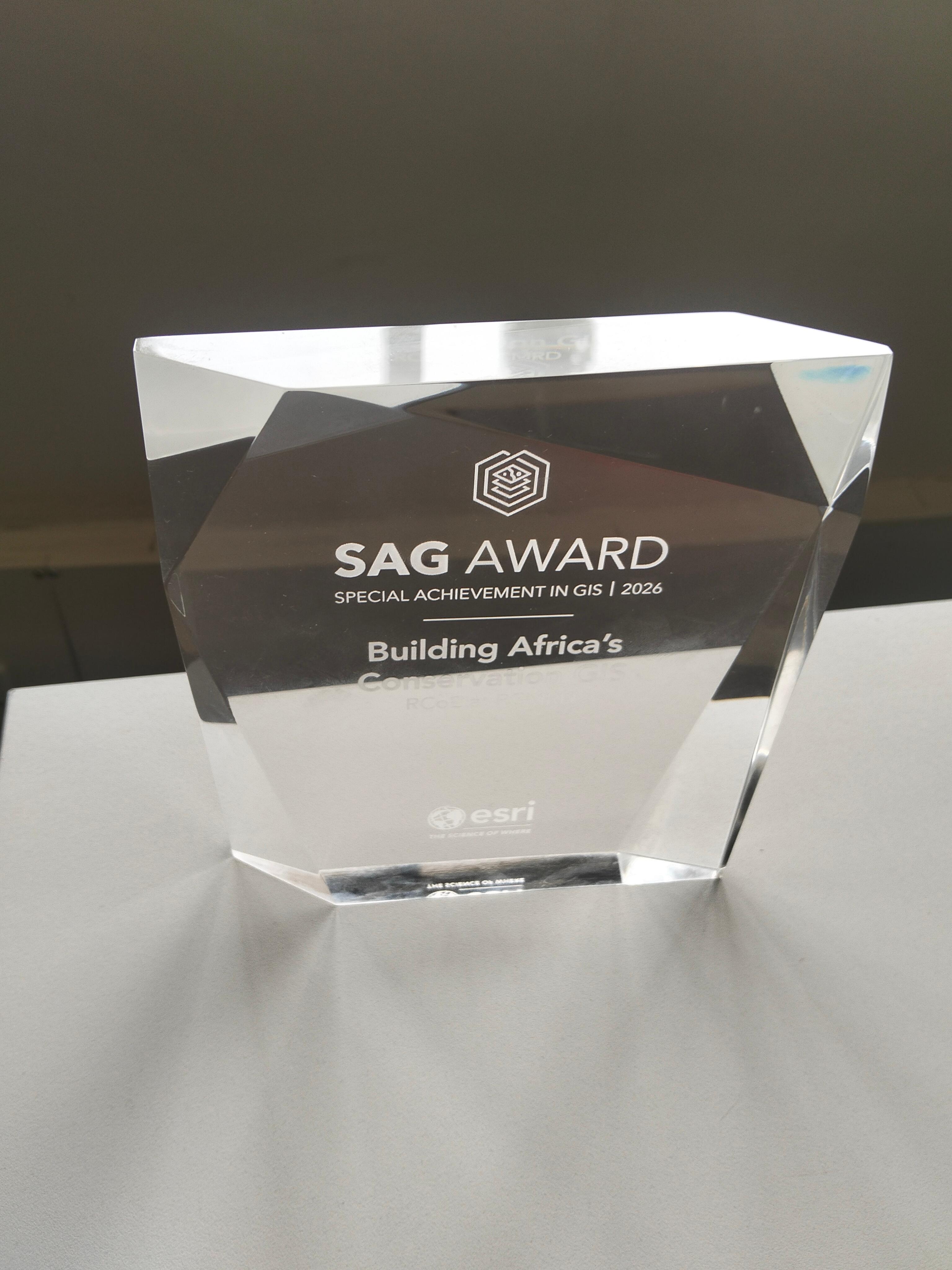 Esri SAG Award 2026 glass plaque — Building Africa's Conservation GIS, RCoE at RCMRD