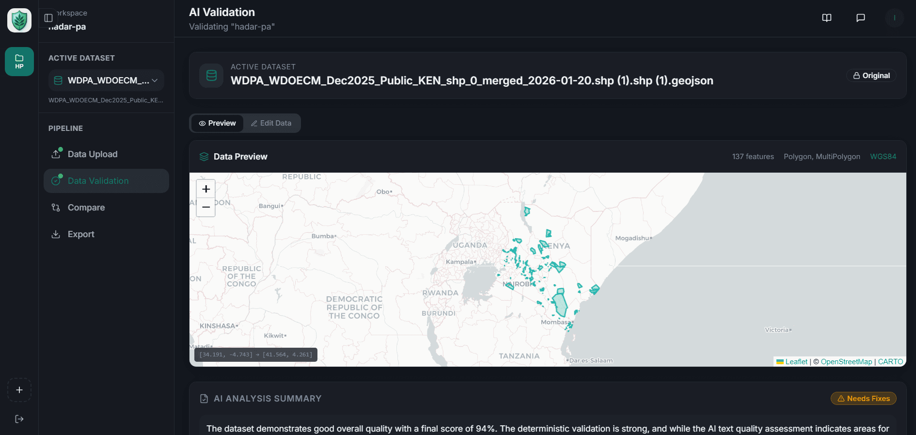 WDPCA Validator workspace — dataset preview on an interactive map