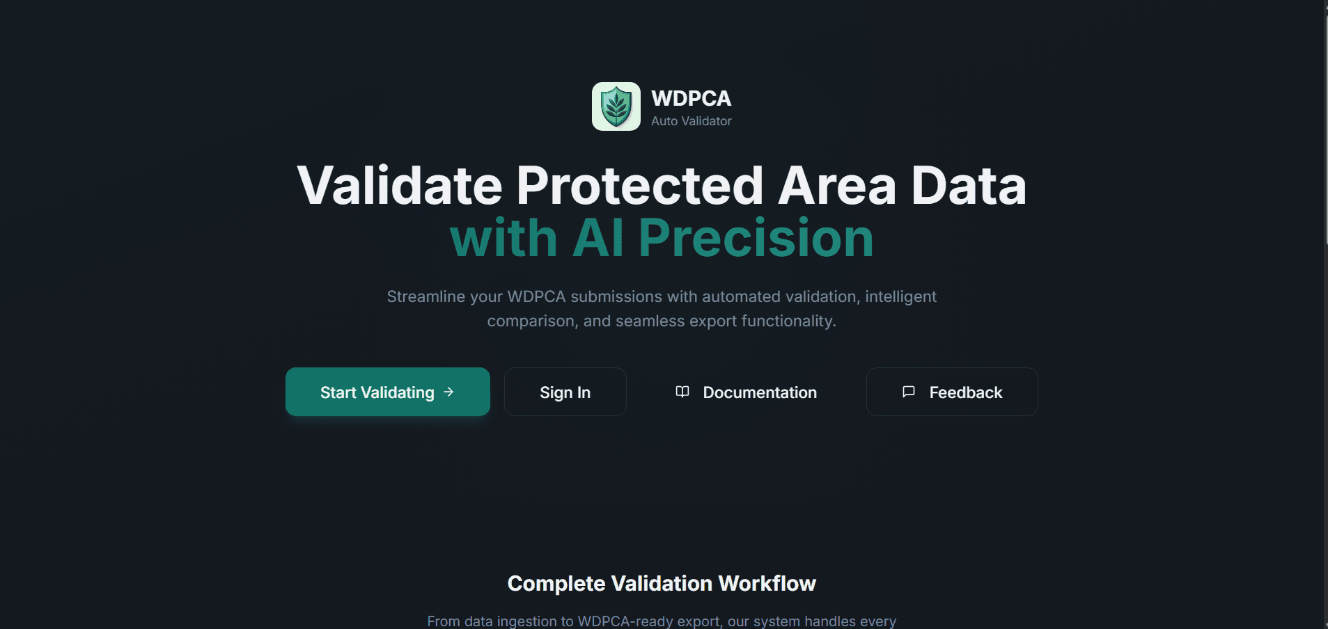 WDPCA Validator landing screen