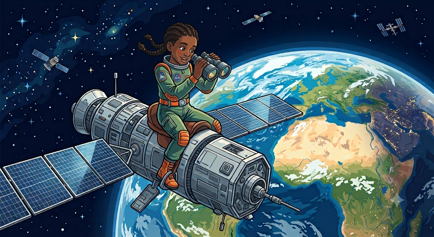 A young explorer in space watching Earth and satellites