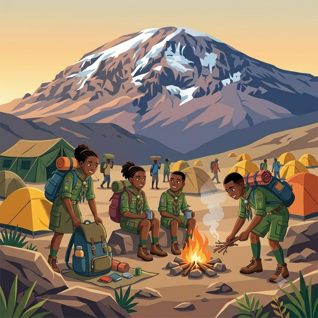 Young explorers resting at base camp beneath a great mountain