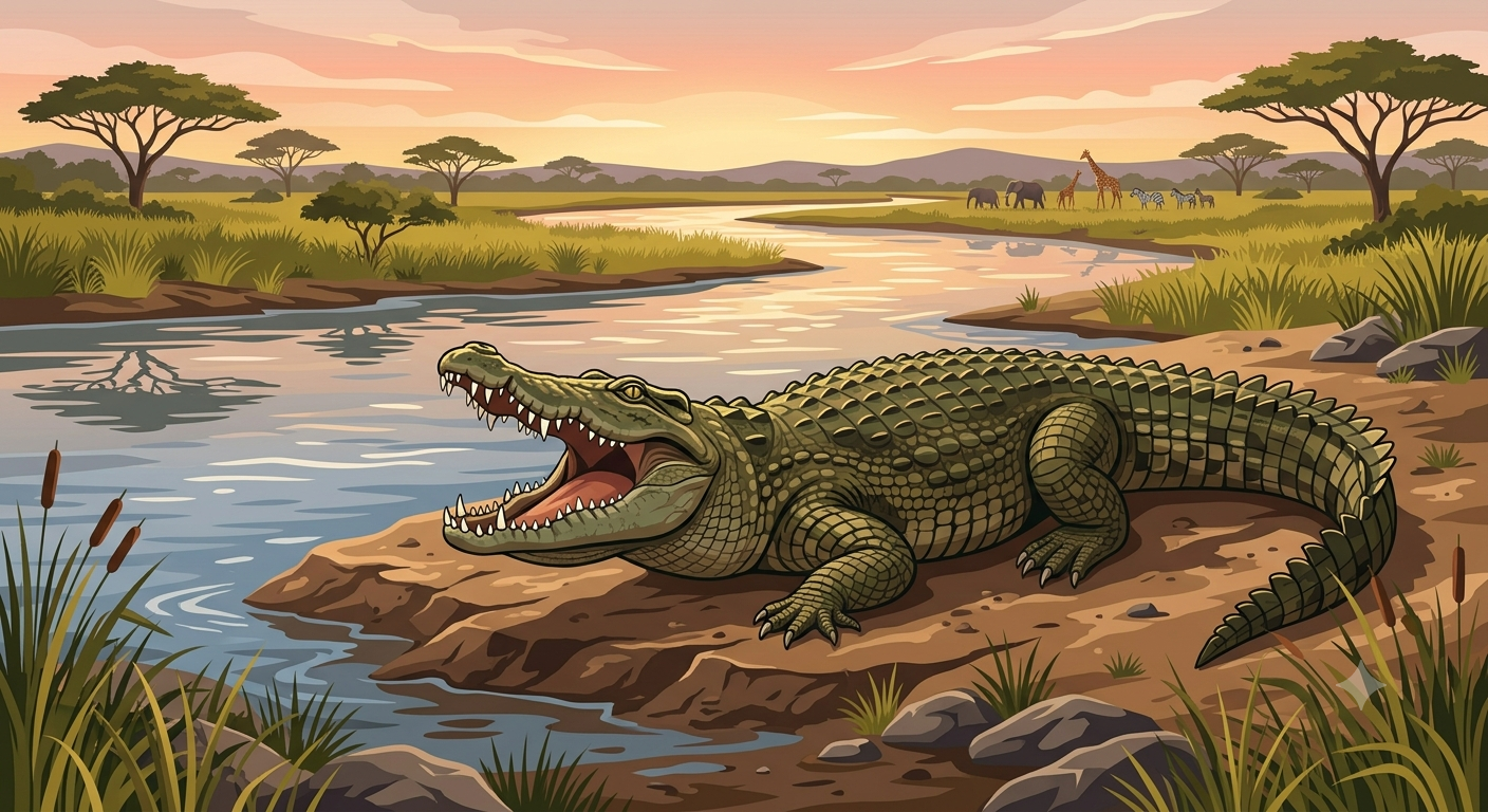 A crocodile resting at the water’s edge