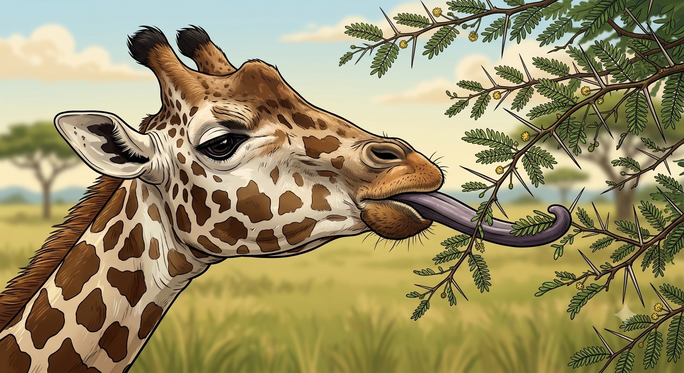 A giraffe stretching out its long dark tongue