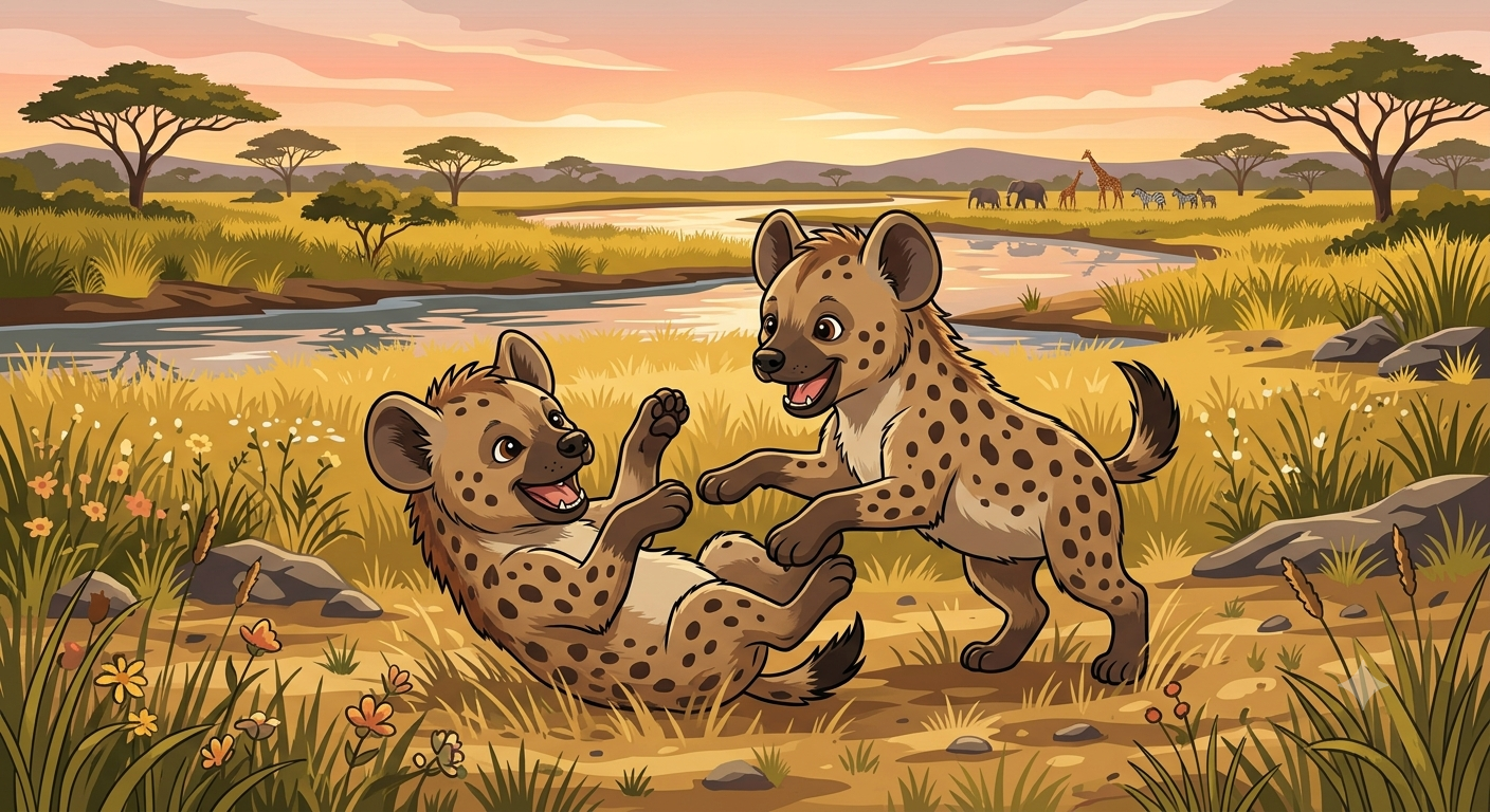 Two hyena cubs playing together