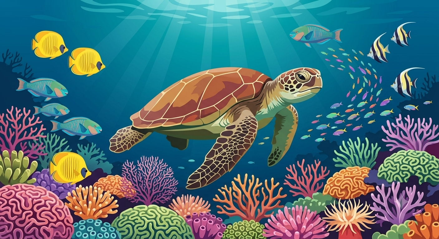 A giant tortoise gliding through a bright coral reef